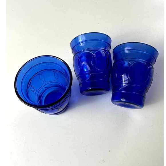 Hazel Atlas Ring O Rings Blue Shot Juice Cordial Glasses Tumblers - Picture 9 of 10